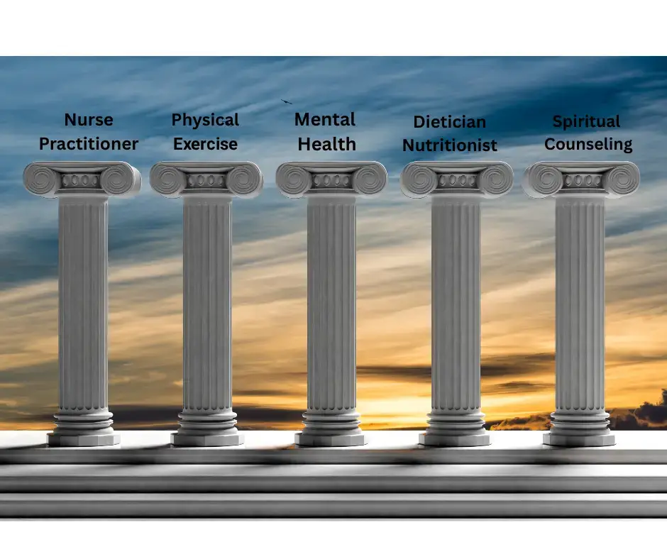 Four pillars of health represented by icons: nutrition, exercise, sleep, and mental well-being on a colorful background.